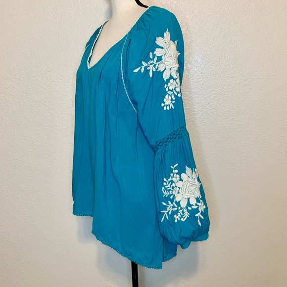 Sundance Naomi Isles Embroidered Boho Peasant Top Turquoise Blue Size Large - Picture 5 of 15
